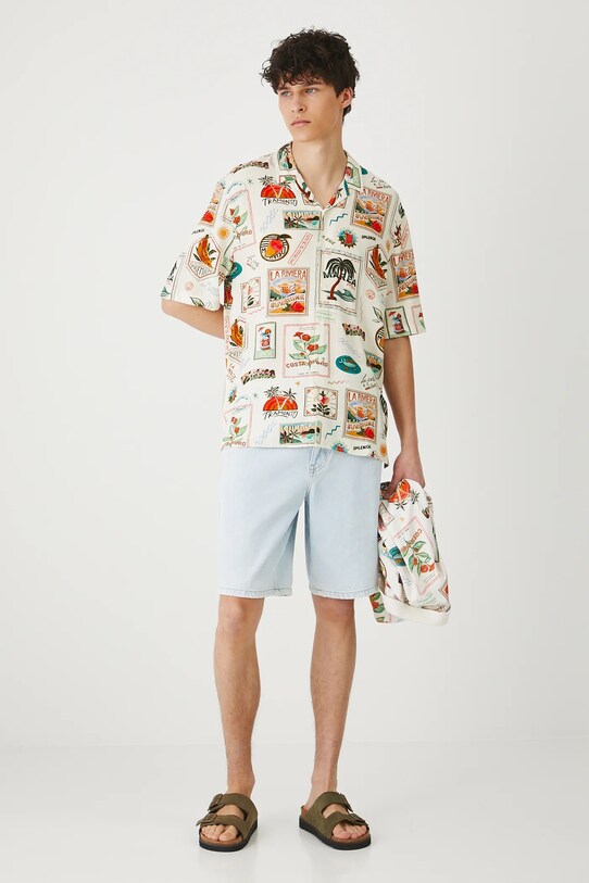 Koszula z domieszką lnu męska z kołnierzykiem typu resort wzorzysta kolor multicolor RS25.KKMB13 multicolor RS25