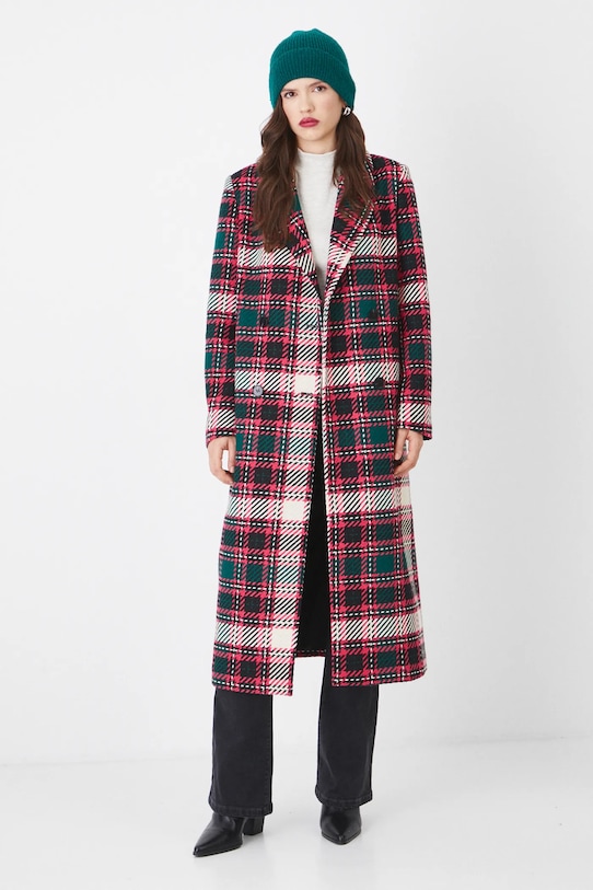 Płaszcz z domieszką wełny damski dwurzędowy w kratę kolor multicolor nieocieplane multicolor RS25.KPD102