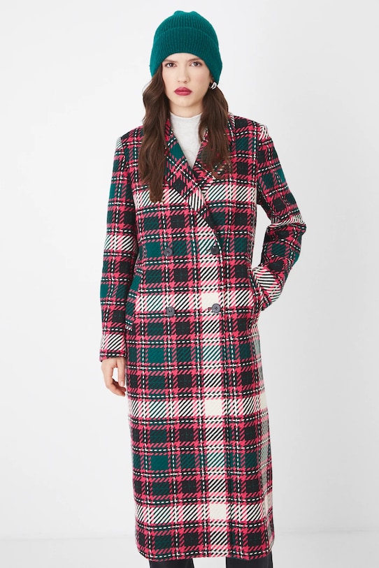 Płaszcz z domieszką wełny damski dwurzędowy w kratę kolor multicolor RS25.KPD102 multicolor RS25