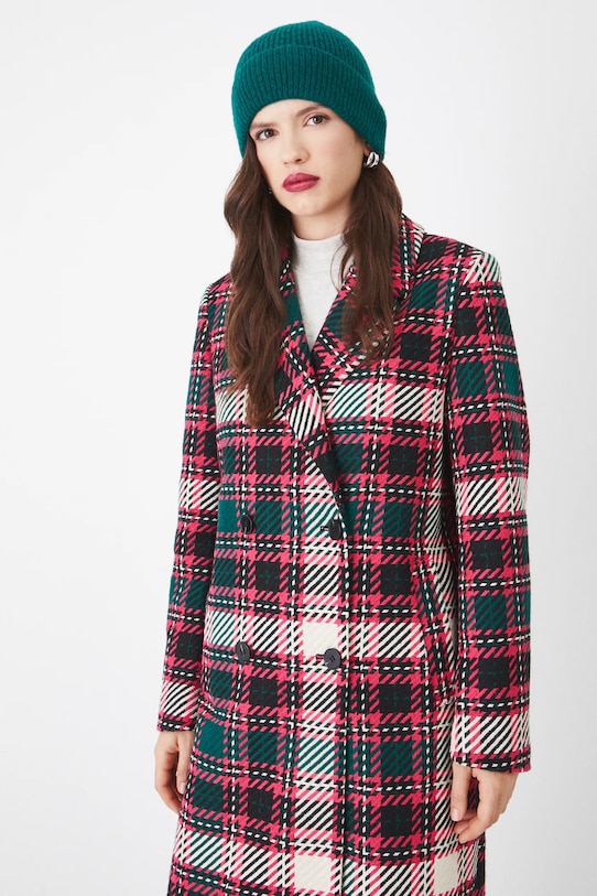 Płaszcz z domieszką wełny damski dwurzędowy w kratę kolor multicolor multicolor RS25.KPD102