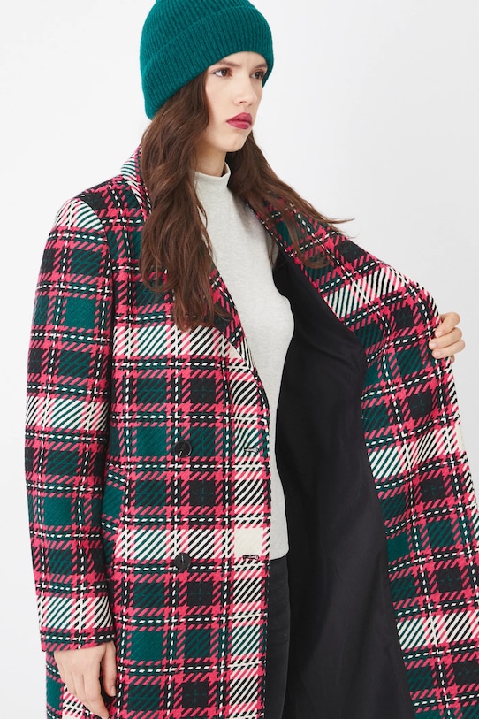 Płaszcz z domieszką wełny damski dwurzędowy w kratę kolor multicolor RS25.KPD102