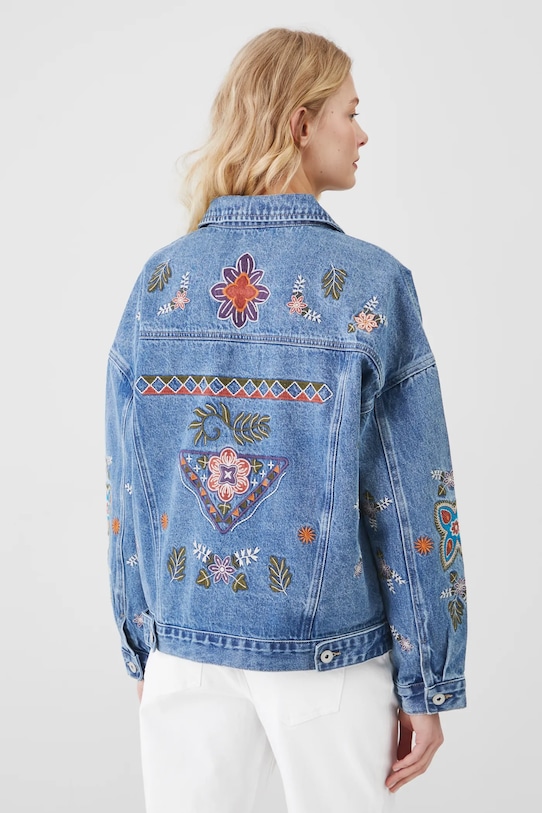 Odzież Kurtka jeansowa bawełniana damska z ozdobnymi haftami RS25-KUD600 niebieski