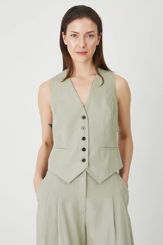 Kamizelka z domieszką lnu damska gładka kolor zielony tkanina zielony RS25.KZD901