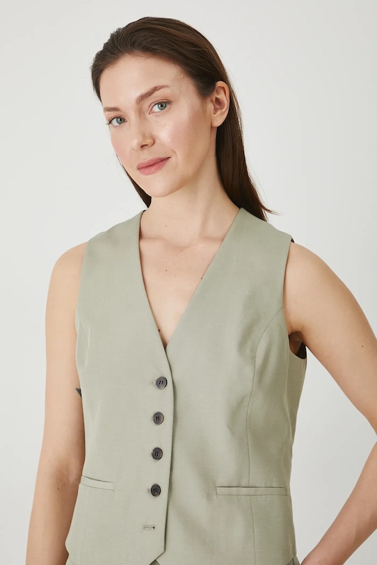Kamizelka z domieszką lnu damska gładka kolor zielony zielony RS25.KZD901