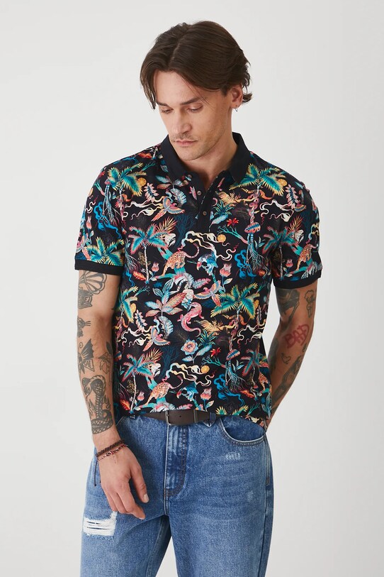 Polo bawełniane męskie z elastanem wzorzyste kolor czarny z elastanem czarny RS25.POMA12