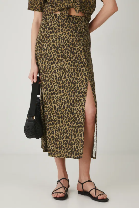 Spódnica z domieszką lnu damska maxi w panterkę kolor multicolor rozkloszowany multicolor RS25.SDD808