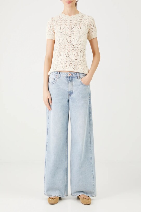 Jeansy bawełniane damskie wide leg z efektem sprania kolor niebieski niebieski RS25.SJD404