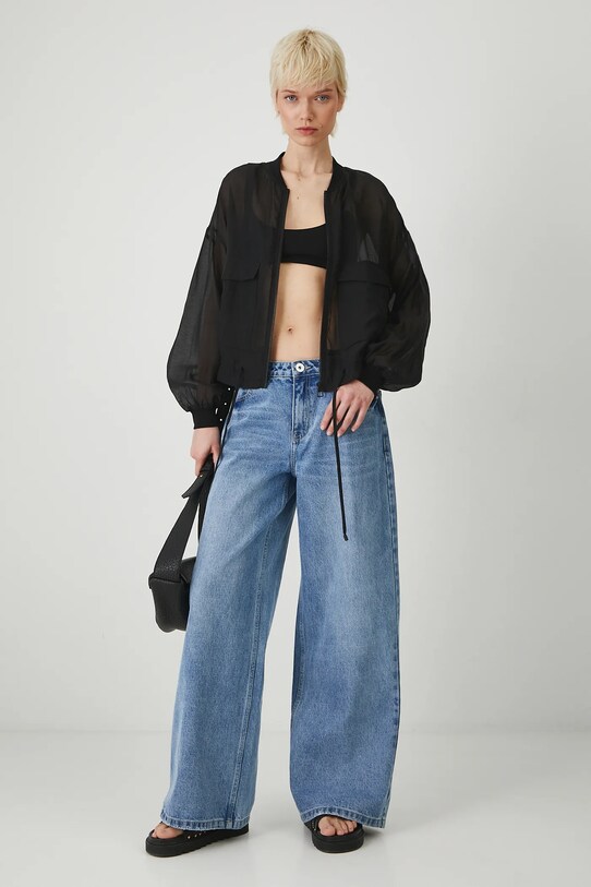Jeansy bawełniane damskie wide leg z efektem sprania kolor niebieski niebieski RS25.SJD800
