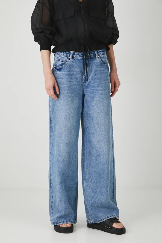 Jeansy bawełniane damskie wide leg z efektem sprania kolor niebieski RS25.SJD800 niebieski RS25