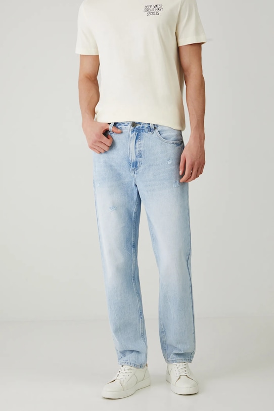 Jeansy bawełniane męskie regular z przetarciami kolor niebieski niebieski RS25.SJM705
