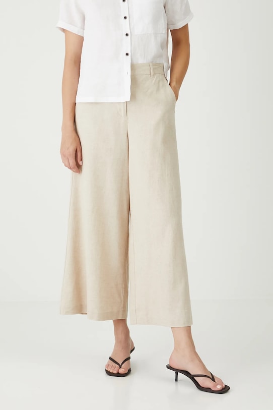 Lněné kalhoty dámské culottes, jednobarevné béžová barva len béžová RS25.SPDB02