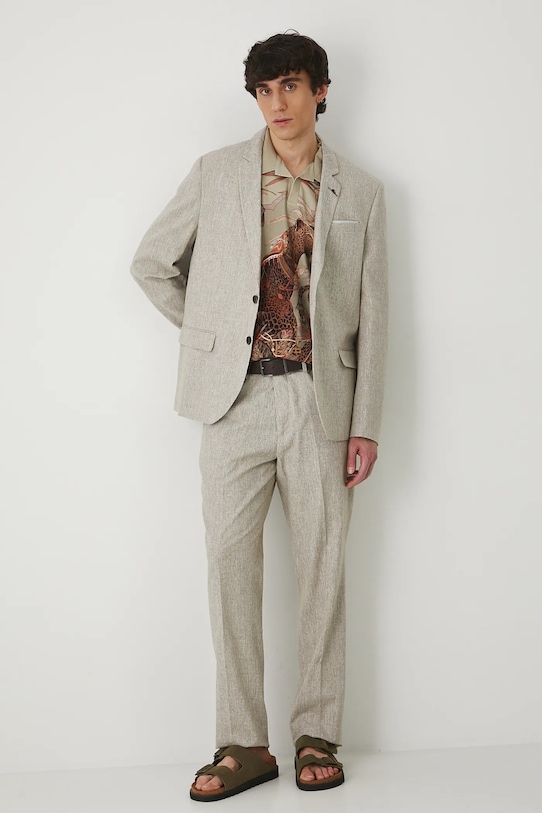 Spodnie z domieszką lnu męskie slim z drobnym wzorem kolor brązowy RS25.SPM821 brązowy RS25