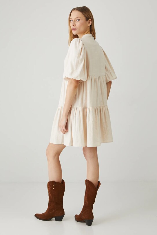 Sukienka lniana damska mini gładka kolor beżowy RS25.SUD700 beżowy RS25