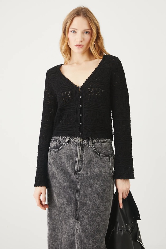 Bavlnený kardigán ažúrový čierna farba čierna RS25.SWD405