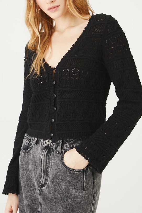 Bavlnený kardigán ažúrový čierna farba RS25.SWD405 čierna