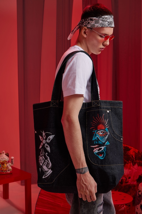 Medicine borsa in denim sovrastampa nero RS25.TCMC50
