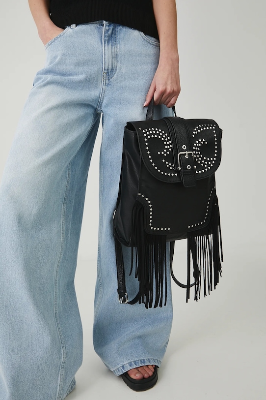 Plecak damski ze skóry ekologicznej z frędzlami kolor czarny imitacja skóry licowej czarny RS25.TPD400