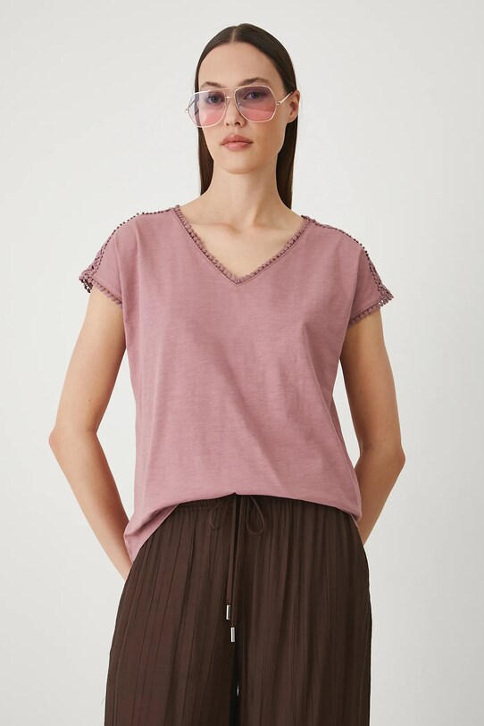 Bavlnené tričko dámske s ozdobnými vložkami ružová farba RS25.TSD090 ružová RS25