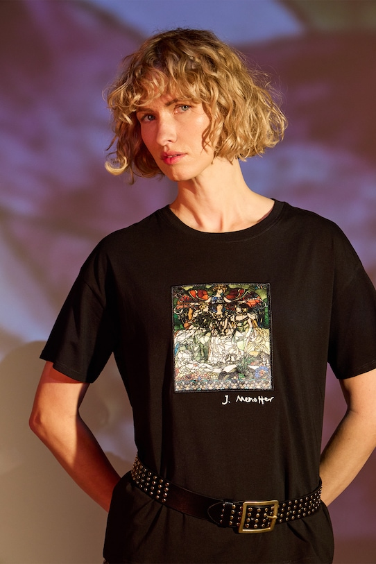 T-shirt bawełniany damski z kolekcji Eviva L'arte okrągły czarny RS25.TSD261