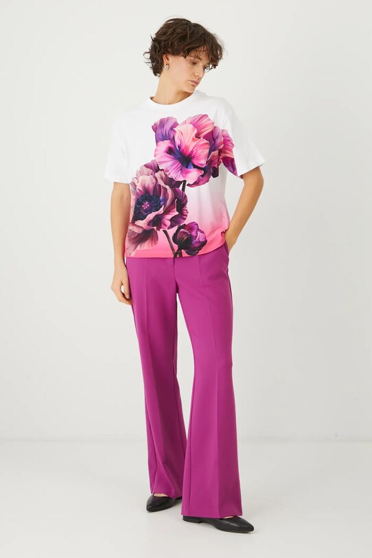 T-shirt bawełniany damski z elastanem w kwiaty kolor beżowy RS25.TSD300 beżowy RS25