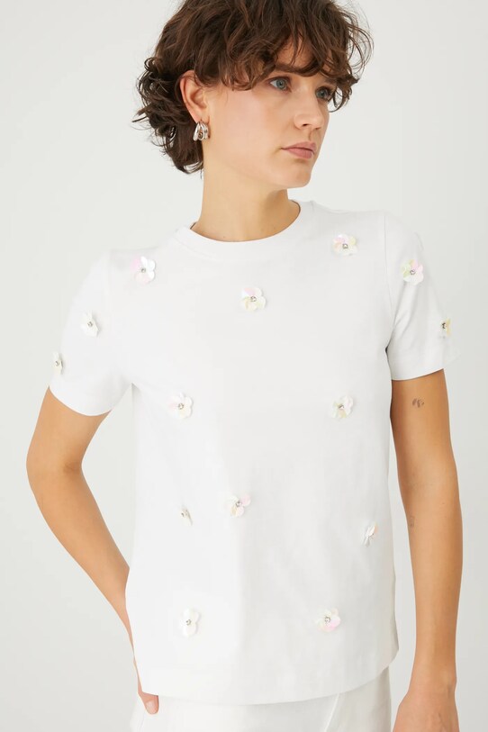 T-shirt bawełniany damski z aplikacją kolor beżowy beżowy RS25.TSD304