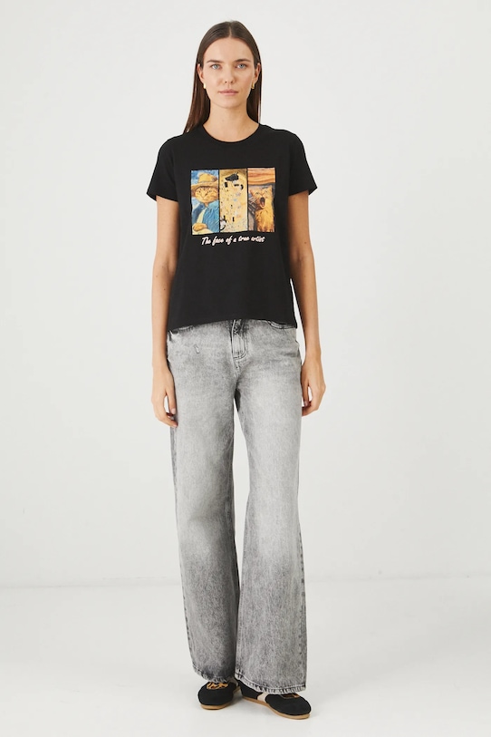 Bavlněné tričko dámské s elastanem z kolekce pro milovníky koček černá barva RS25.TSD352 černá RS25