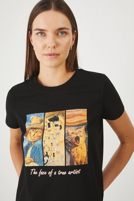 Bavlněné tričko dámské s elastanem z kolekce pro milovníky koček černá barva černá RS25.TSD352