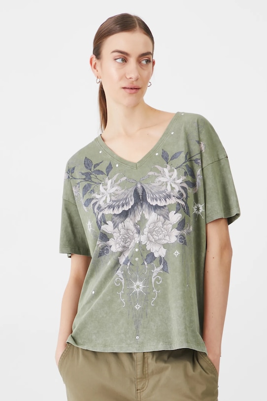 Bavlnené tričko dámske s potlačou a aplikáciou zelená farba bavlna zelená RS25.TSD403