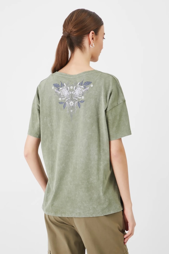 Oblečenie Bavlnené tričko dámske s potlačou a aplikáciou zelená farba RS25.TSD403 zelená