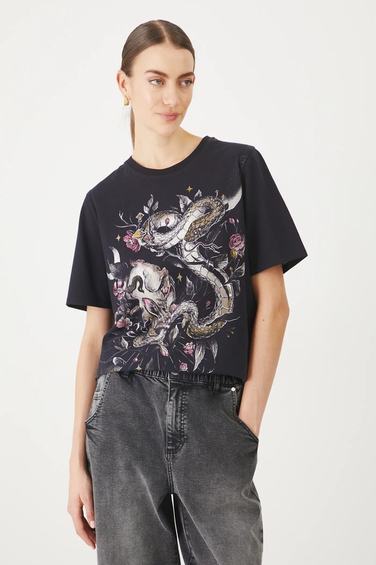 T-shirt bawełniany damski z elastanem z nadrukiem kolor czarny czarny RS25.TSD404