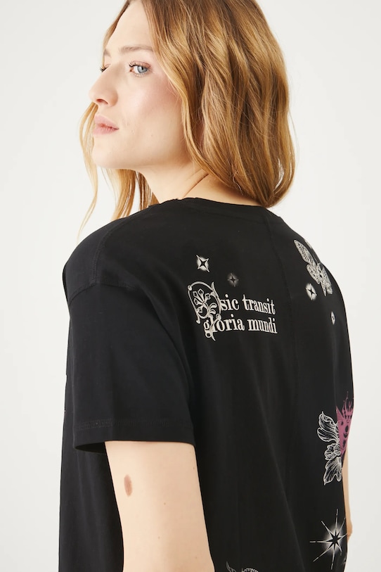 T-shirt bawełniany damski z nadrukiem i aplikacją kolor czarny okrągły czarny RS25.TSD406