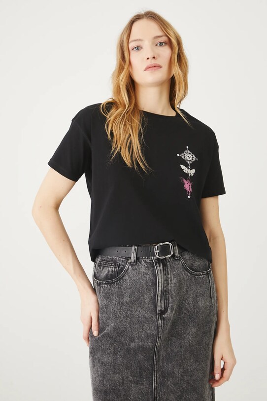 Odzież T-shirt bawełniany damski z nadrukiem i aplikacją kolor czarny RS25.TSD406 czarny