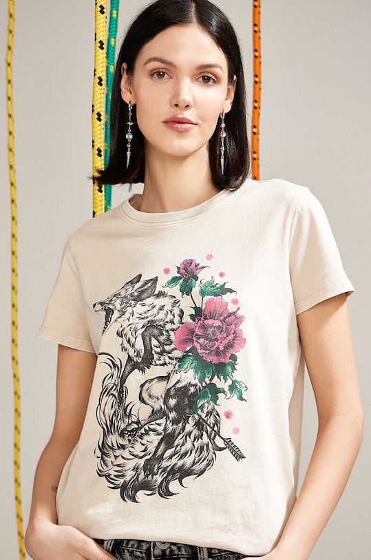 T-shirt bawełniany damski by Aleksandra Anna Kamieńska, Grafika Polska kolor beżowy okrągły beżowy RS25.TSD459