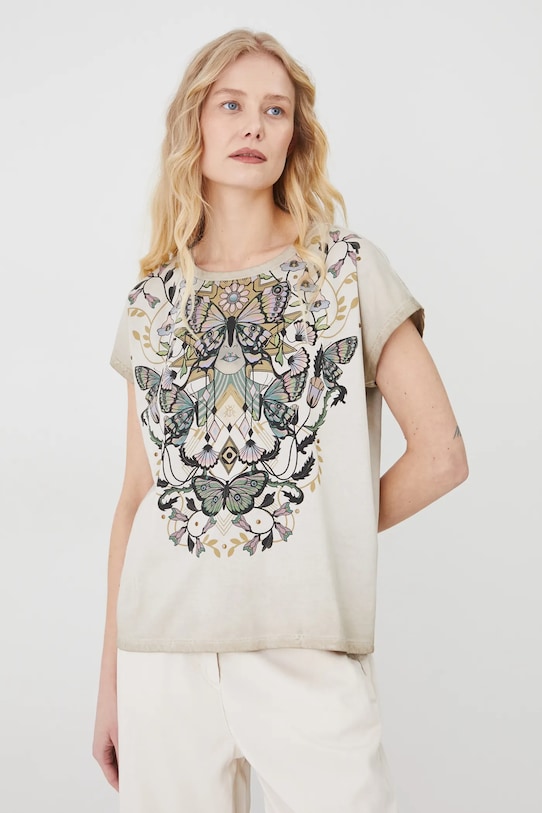 Bavlněné tričko s potiskem béžová barva relaxed béžová RS25.TSD611