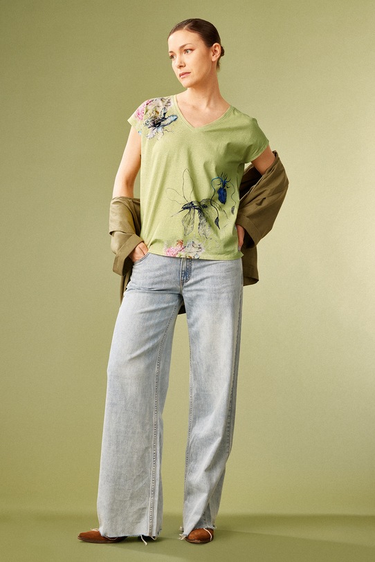 T-shirt bawełniany damski by Justyna Stoszek – Forest Forever, Sense of Values kolor czarny bawełna zielony RS25.TSD651