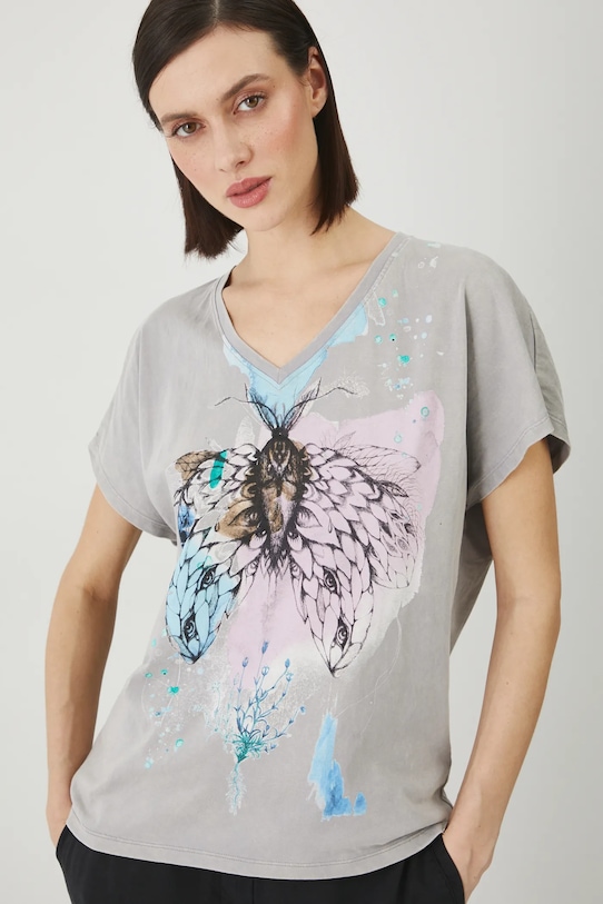 T-shirt bawełniany damski by Justyna Stoszek – Forest Forever, Sense of Values kolor szary RS25.TSD653 szary