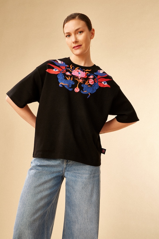 Medicine tricou din bumbac flori negru RS25.TSD656