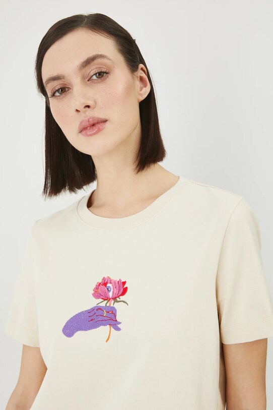 T-shirt bawełniany damski by Patrycja Niewiadomska, Sense of Values kolor beżowy RS25.TSD660 beżowy RS25