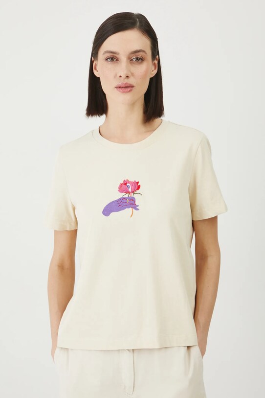 T-shirt bawełniany damski by Patrycja Niewiadomska, Sense of Values kolor beżowy RS25.TSD660 beżowy