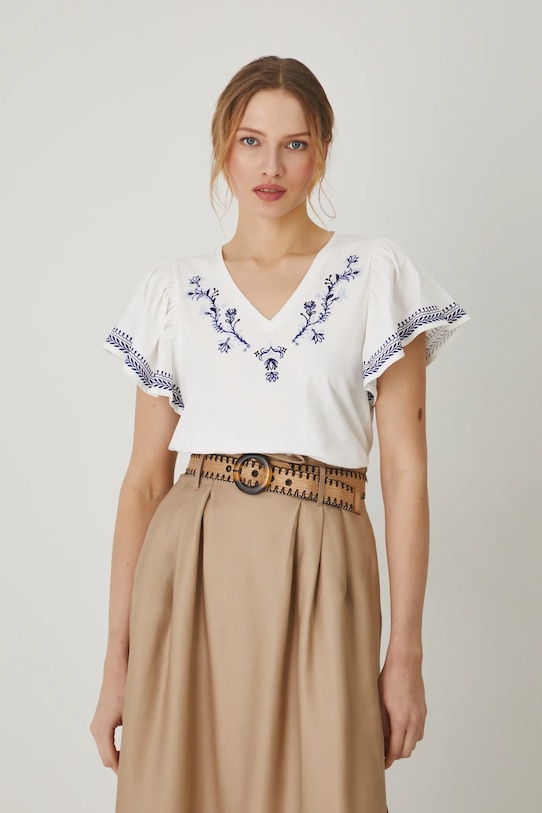 Bavlnené tričko dámske s ozdobnou výšivkou béžová farba bavlna béžová RS25.TSD704