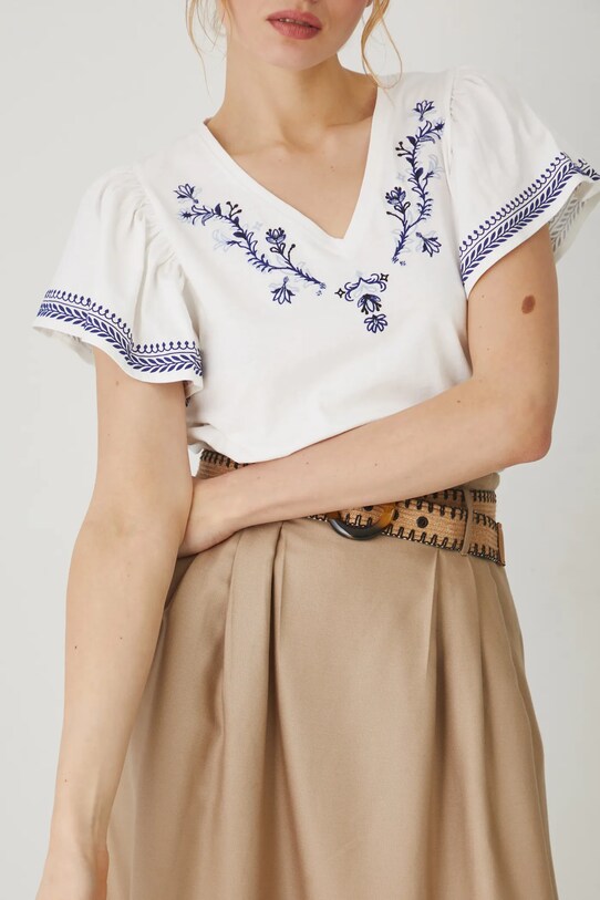 Bavlnené tričko dámske s ozdobnou výšivkou béžová farba béžová RS25.TSD704