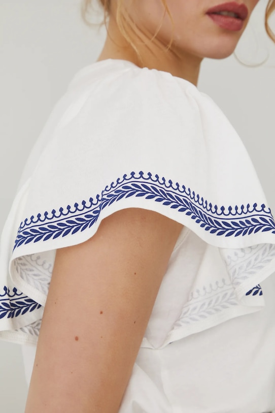 Bavlnené tričko dámske s ozdobnou výšivkou béžová farba RS25.TSD704 béžová