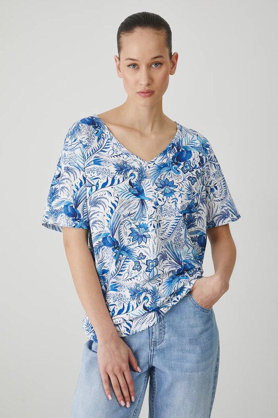 T-shirt bawełniany damski z elastanem wzorzysty kolor beżowy beżowy RS25.TSD706