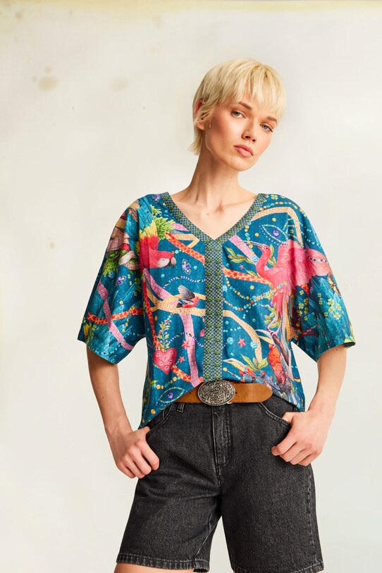 Medicine T-shirt in cotone scollo a V turchese RS25.TSD856
