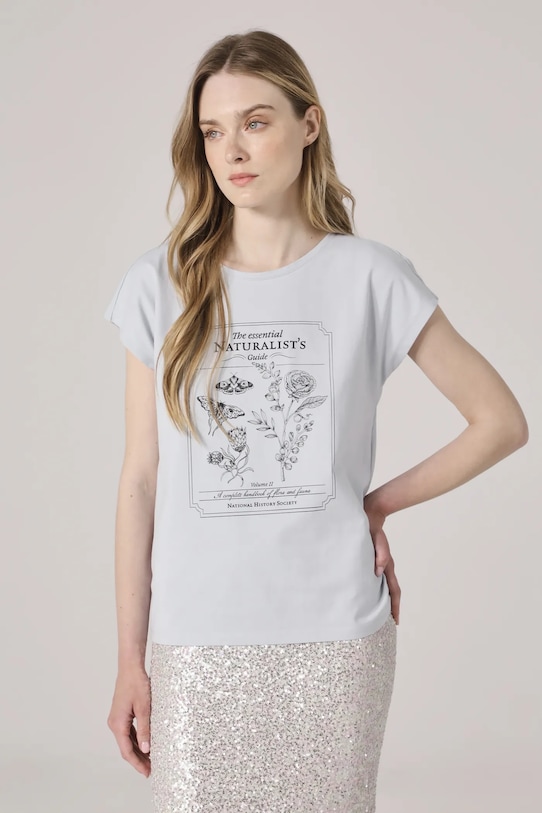 Bavlněné tričko dámské s potištěným elastanem modrá barva regular modrá RS25.TSD909