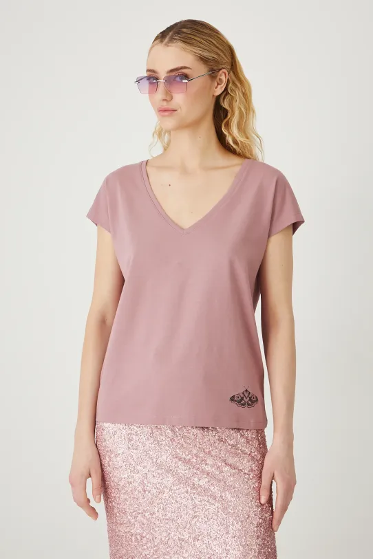 T-shirt bawełniany damski z elastanem z nadrukiem kolor różowy z elastanem różowy RS25.TSD909