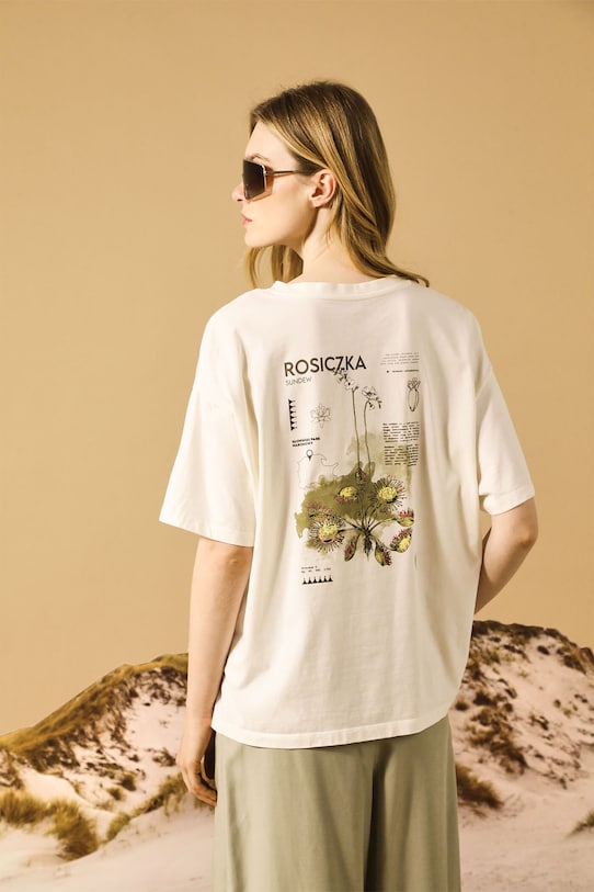 T-shirt bawełniany damski z kolekcji Medicine x Słowiński Park Narodowy kolor beżowy okrągły beżowy RS25.TSDA51