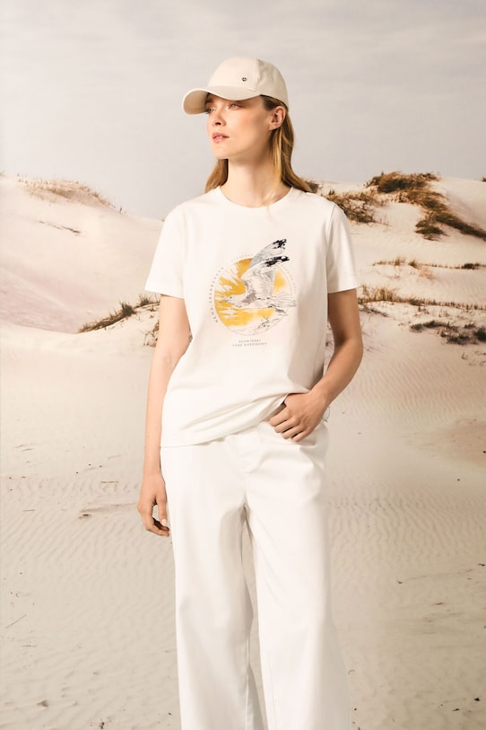 T-shirt bawełniany damski z elastanem z kolekcji Medicine x Słowiński Park Narodowy kolor beżowy okrągły beżowy RS25.TSDA52