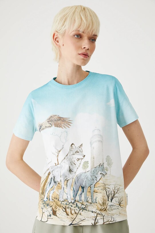 T-shirt bawełniany damski z elastanem z kolekcji Medicine x Słowiński Park Narodowy kolor niebieski RS25.TSDA60 niebieski RS25
