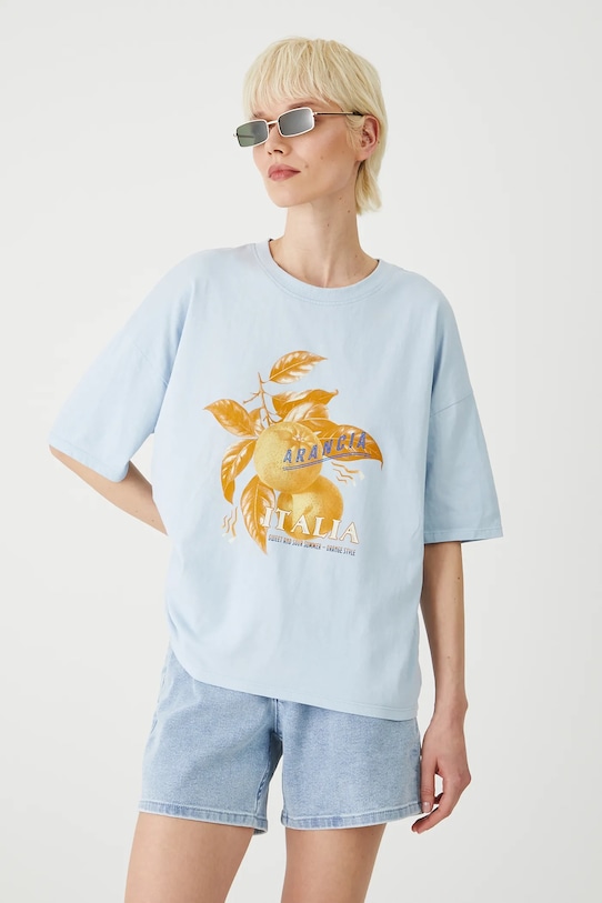 T-shirt bawełniany damski z nadrukiem kolor niebieski okrągły niebieski RS25.TSDB04